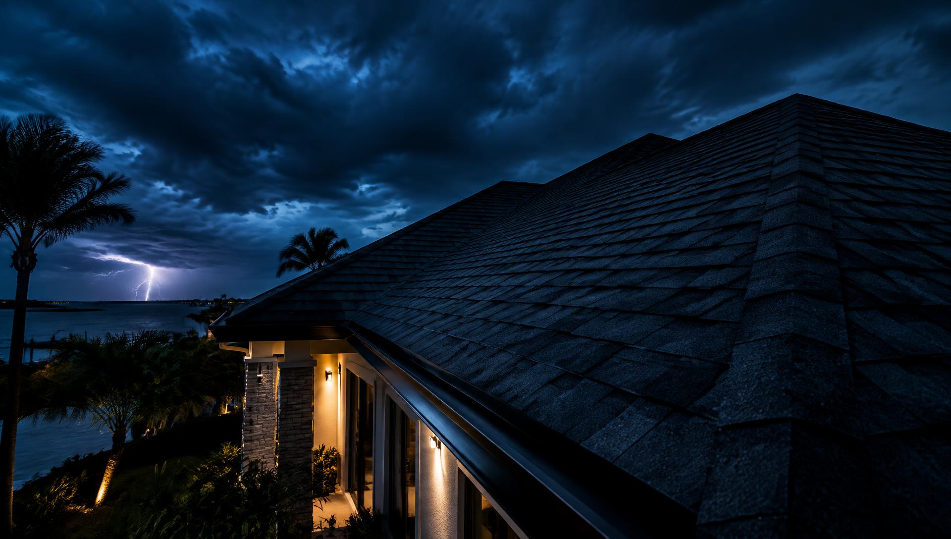 New shingle roof on a Panama City coastal home under a stormy sky